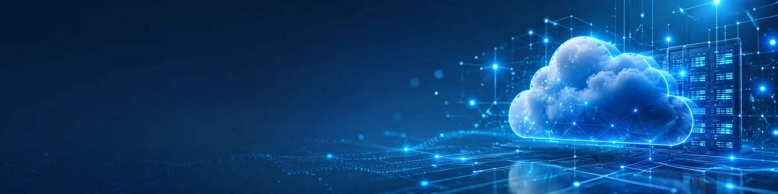 Cloud computing network LinkedIn background banner with abstract cloud shapes, connected nodes, glowing data paths, and blue digital network lines