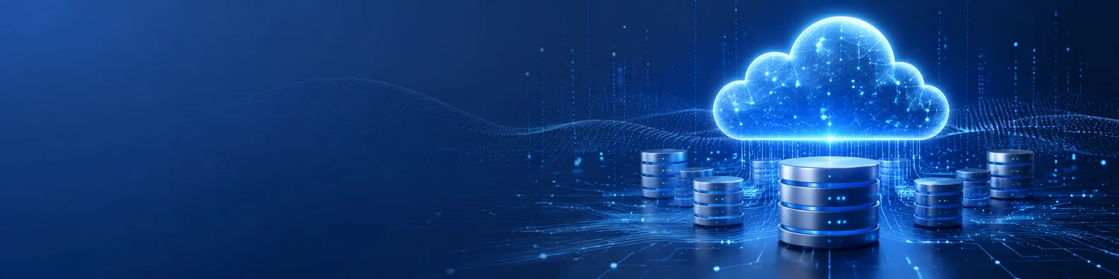 Cloud data storage LinkedIn background banner with glowing cloud shape, database cylinders, secure data lines, and blue digital storage particles