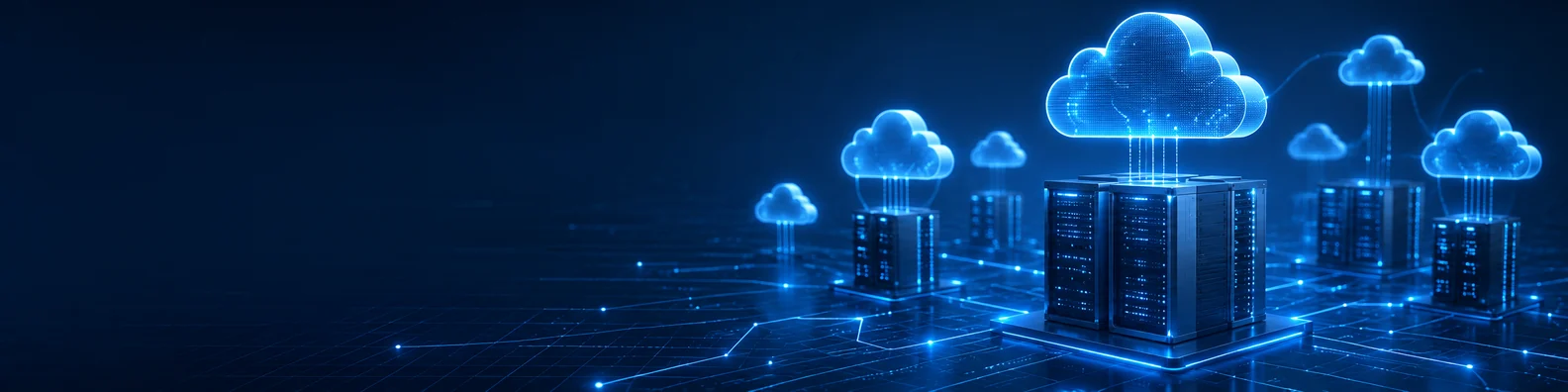 Cloud server network LinkedIn background banner with server blocks, glowing cloud shapes, blue network lines, and digital infrastructure elements