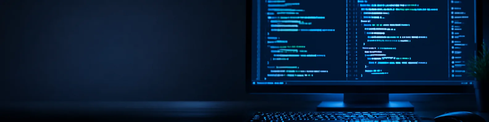 Coding screen background LinkedIn banner with blurred non-readable code, monitor glow, keyboard, and dark blue workspace