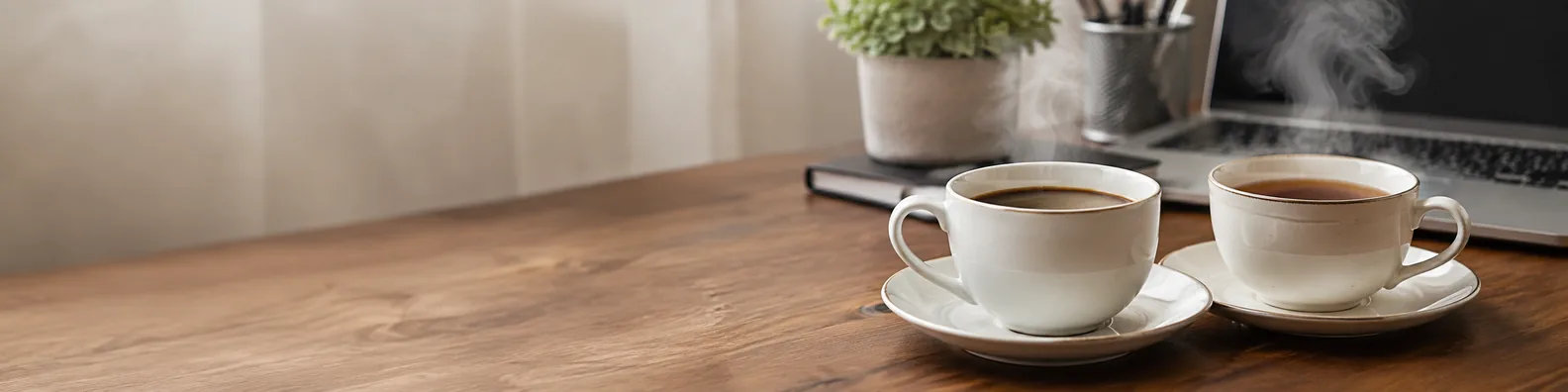 Coffee and tea together on a warm professional workspace LinkedIn background banner
