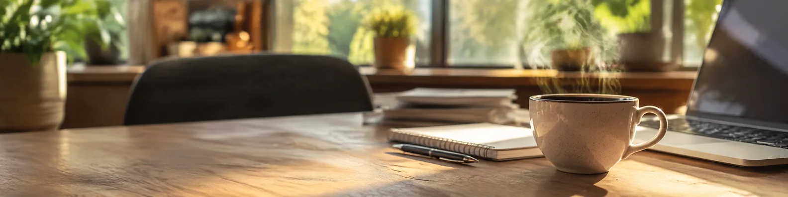 Warm professional workspace with coffee cup, notebook, laptop, plants, and soft natural light LinkedIn background banner