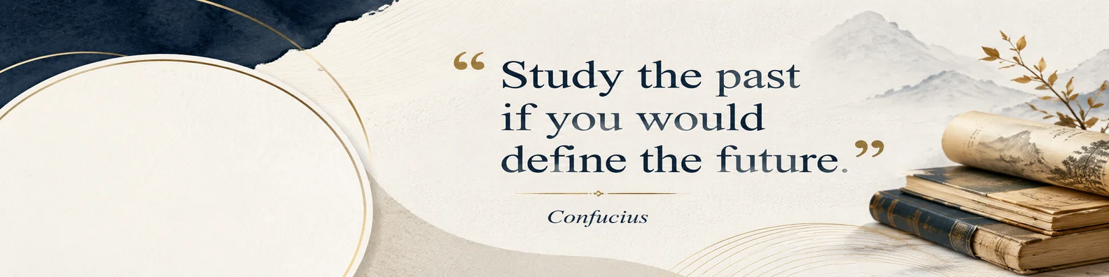 Confucius learning quote LinkedIn background banner with paper texture navy beige white grey and warm gold