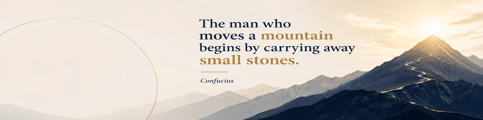 Confucius success quote LinkedIn background banner with mountain shapes soft light navy grey cream white and muted gold