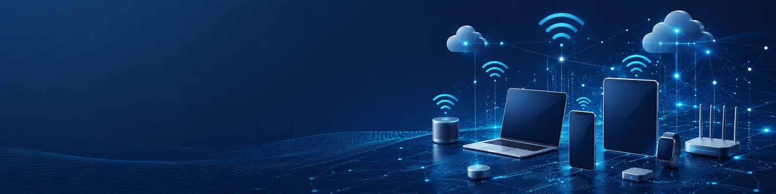Connected devices LinkedIn background banner with abstract laptops, tablets, smartphones, sensors, cloud shapes, glowing lines, and blue digital nodes