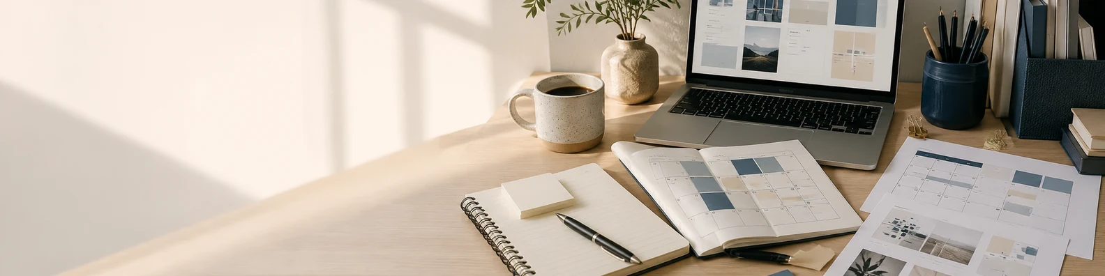 Content Marketing Planning Desk professional business LinkedIn background banner with clean corporate styling