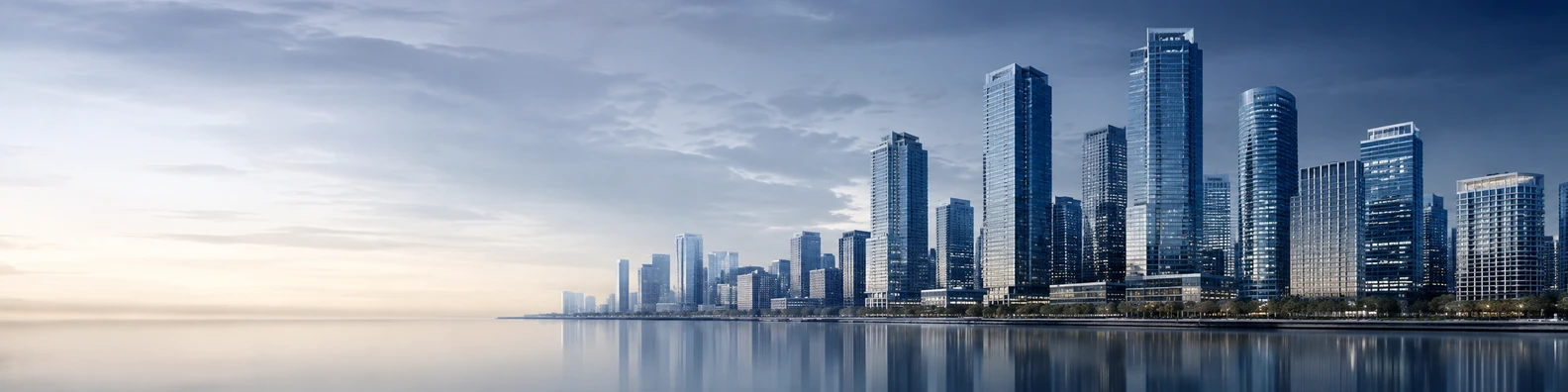 Corporate city skyline background with modern office towers and calm dawn light LinkedIn banner