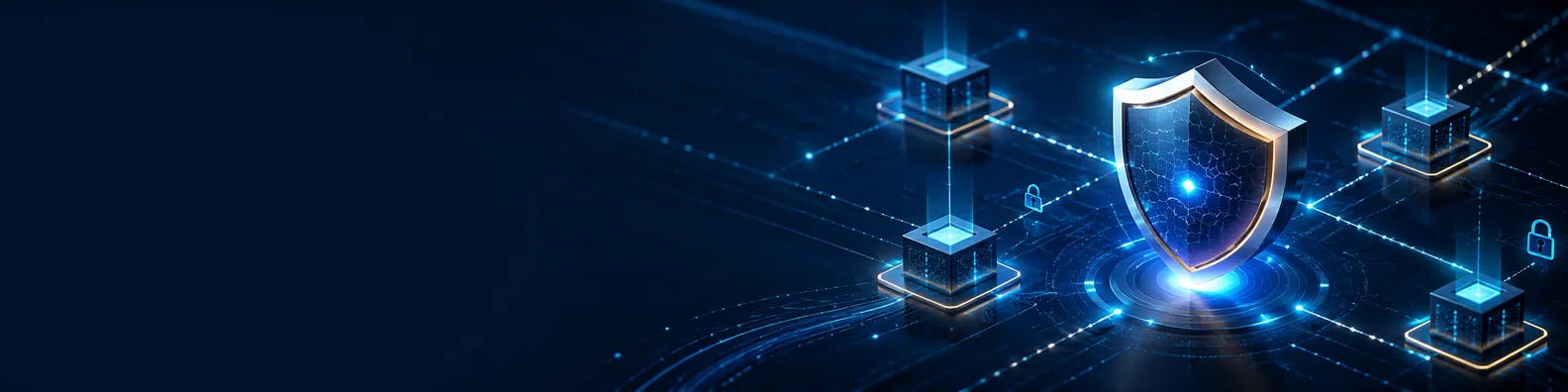 Crypto security LinkedIn background banner with secure blockchain nodes, shield-like digital shapes, encrypted transaction lines, and glowing protection patterns