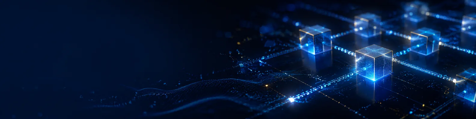 Cryptocurrency network LinkedIn background banner with digital nodes, blockchain-style linked blocks, secure transaction paths, and glowing data particles