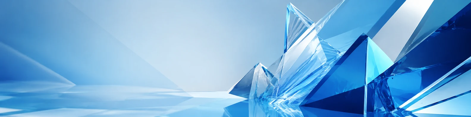 Crystal blue abstract LinkedIn background banner with faceted icy blue crystals navy cyan white and silver geometric depth