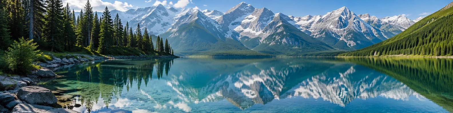 Crystal clear mountain lake LinkedIn background banner with transparent blue water, alpine reflections, rocky shoreline, and pine trees