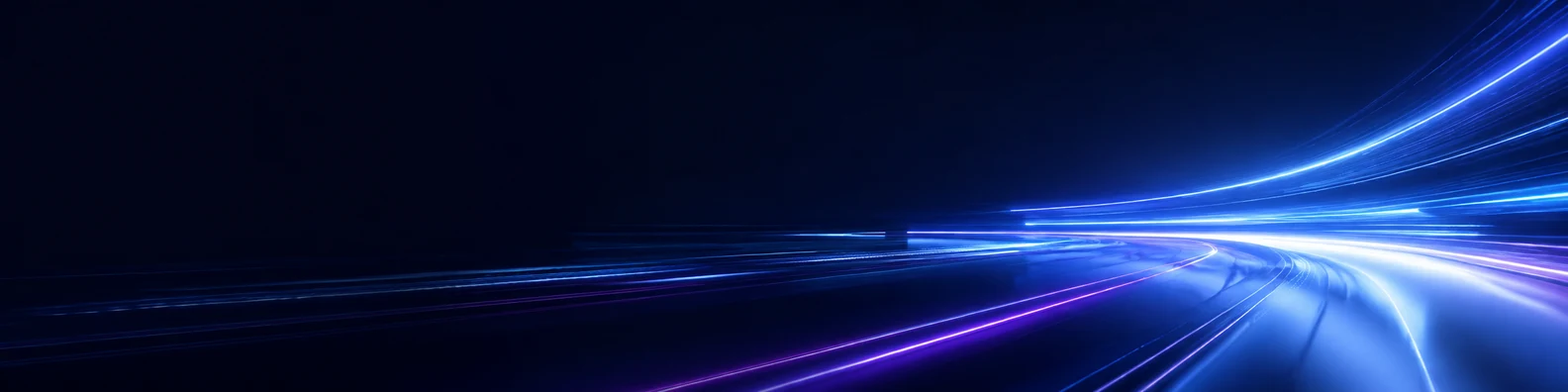 Cyber abstract light trails LinkedIn background banner with glowing blue cyan purple and white streaks on dark background