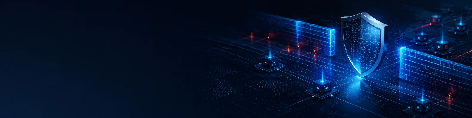 Cyber defense LinkedIn background banner with dark digital grid, glowing firewall barriers, secure nodes, shield depth, and subtle red warning accents