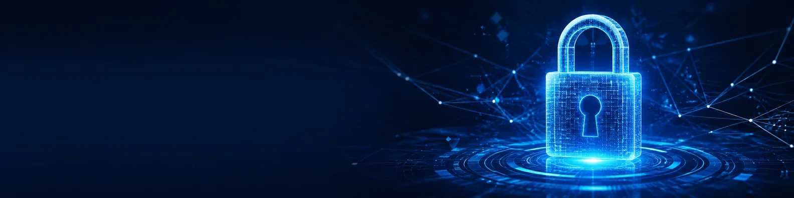 Cyber security lock LinkedIn background banner with glowing digital lock, secure network lines, data particles, and dark blue technology background