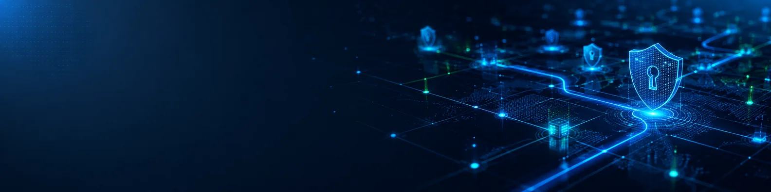 Cyber security network LinkedIn background banner with connected digital nodes, secure pathways, glowing grid lines, and shield protection elements