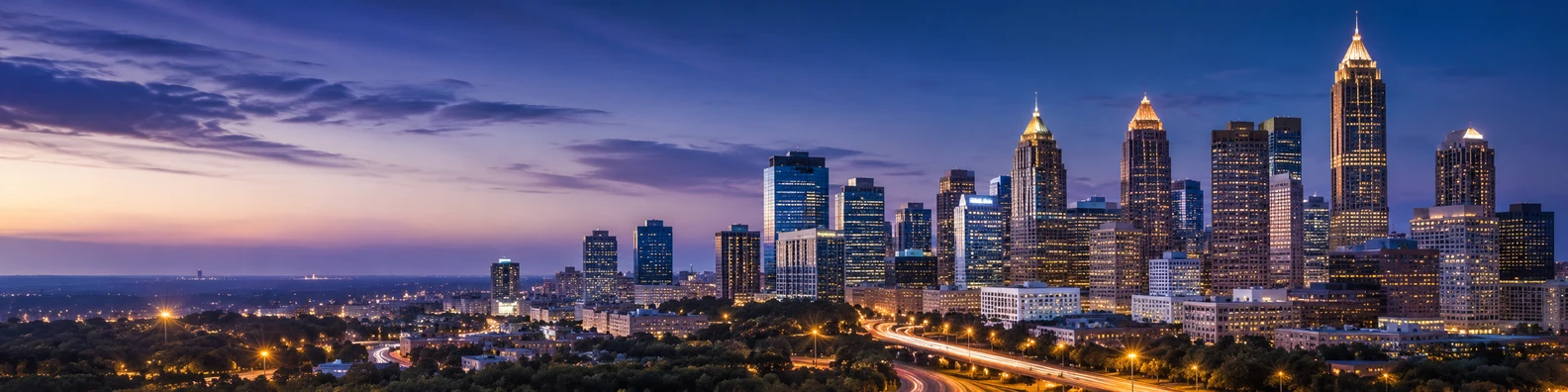 Dallas skyline with city lights, evening sky, and corporate skyline mood LinkedIn background banner