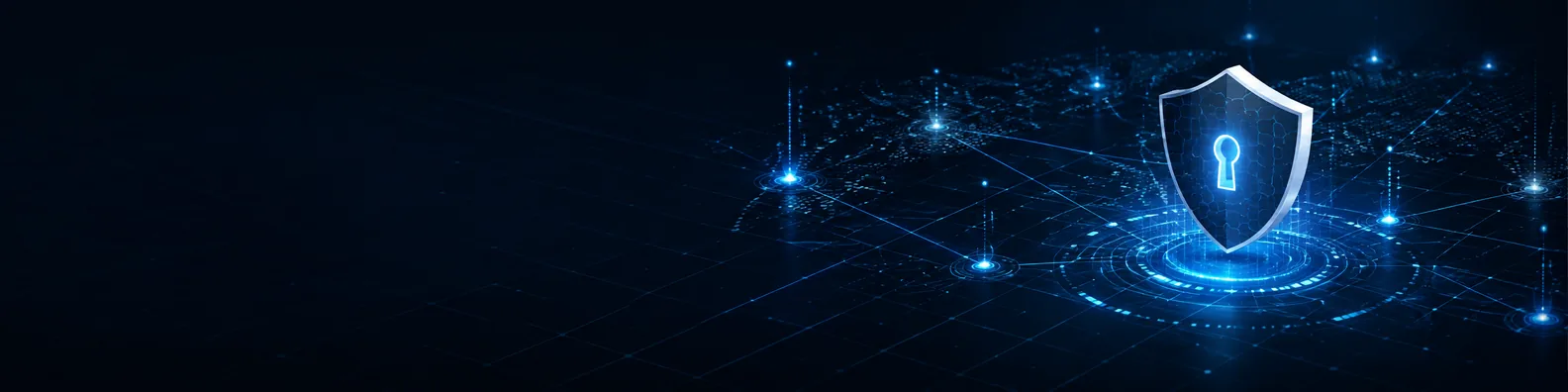 Dark cyber security grid LinkedIn background banner with glowing grid lines, secure network nodes, abstract data paths, and controlled blue lighting