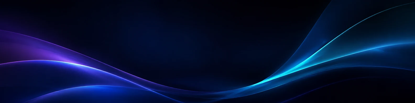Dark glow abstract curves LinkedIn background banner with blue purple and cyan glowing shapes on black navy background