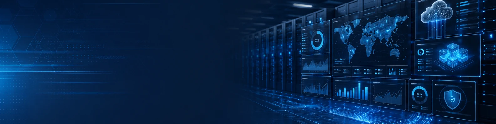 Data center dashboard LinkedIn background banner with abstract server infrastructure, monitoring panels, glowing network lines, data flow paths, and clean digital indicators