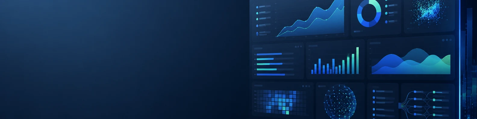 Data science dashboard LinkedIn background banner with abstract charts, graphs, data panels, predictive model visuals, and clean analytics elements