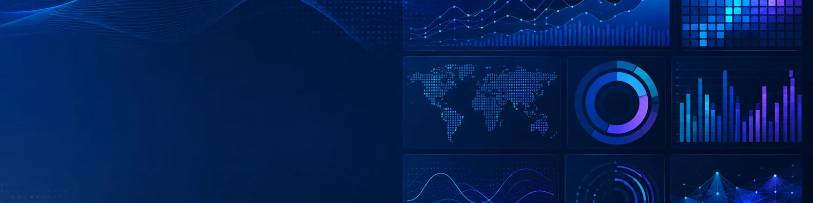 Data visualization screen LinkedIn background banner with clean chart panels, heatmap-style patterns, circular analytics elements, graph lines, and abstract data shapes
