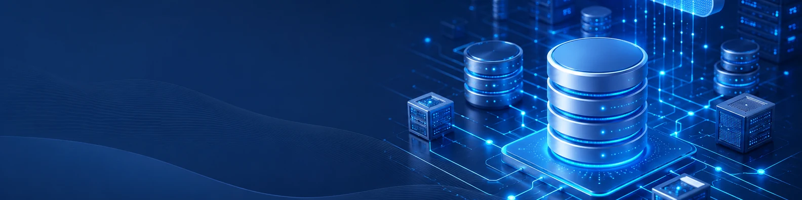 Database technology LinkedIn background banner with abstract database cylinder shapes, connected server nodes, glowing data lines, and structured digital storage visuals