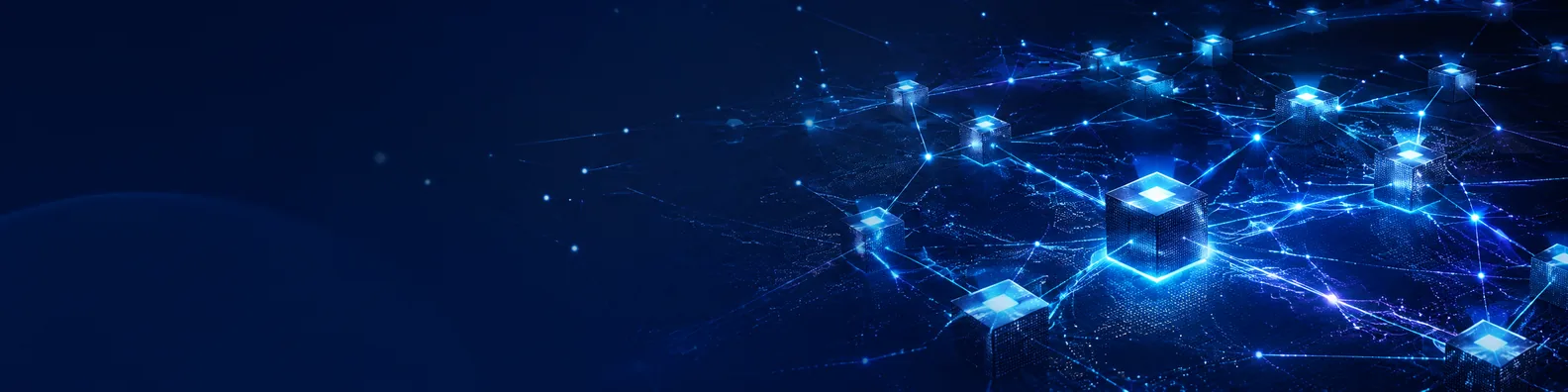 Decentralized network technology LinkedIn background banner with distributed nodes, connected lines, blockchain-inspired structures, and peer-to-peer network paths