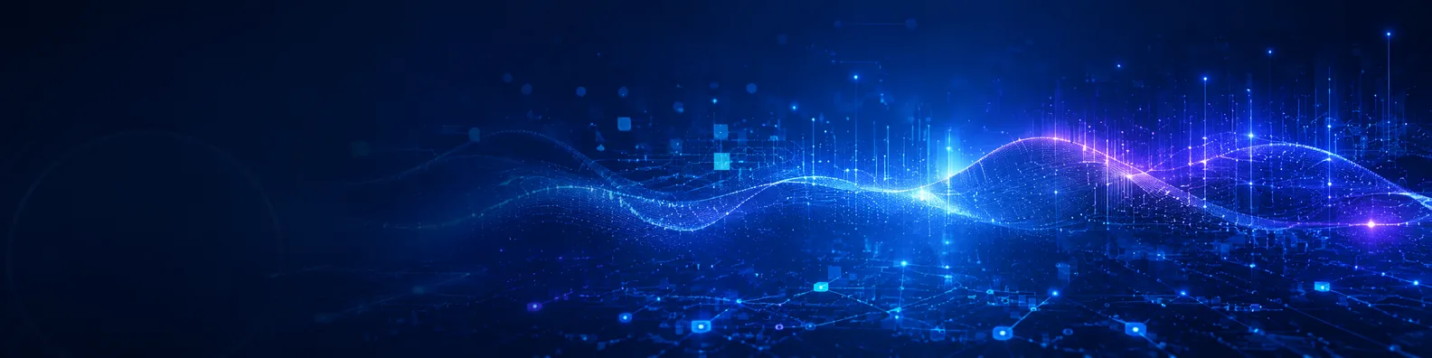 Deep learning blue network LinkedIn background banner with layered glowing nodes and neural style data depth