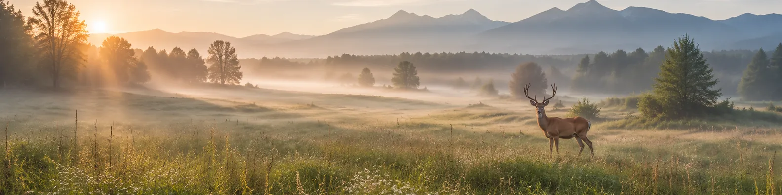 Deer in morning meadow LinkedIn background banner with sunrise mist, open grassland, distant trees, and mountains