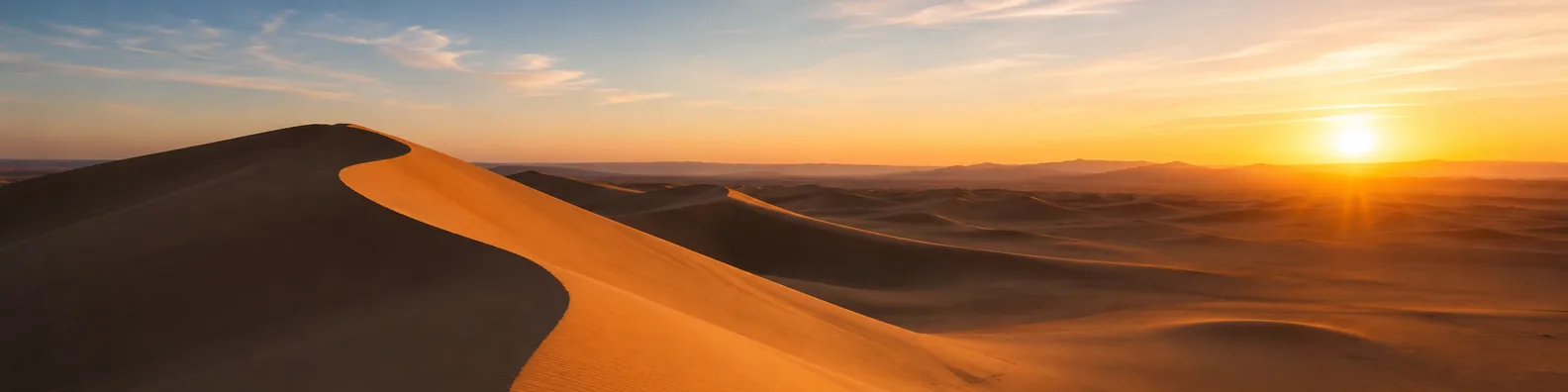 Desert sand dunes sunset LinkedIn background banner with smooth golden dune curves, warm light, soft shadows, and open sky
