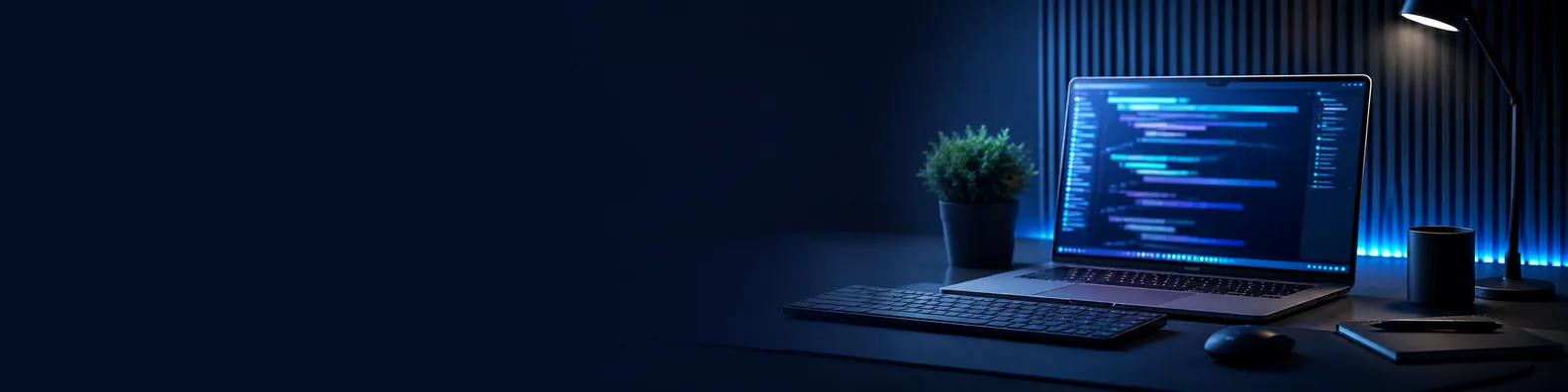 Developer laptop with code LinkedIn background banner showing blurred code on a laptop screen, keyboard, mouse, and dark blue desk setup