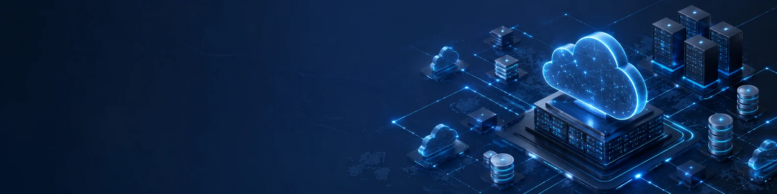 Digital cloud infrastructure LinkedIn background banner with abstract cloud icons, server blocks, data flow paths, and glowing connection points