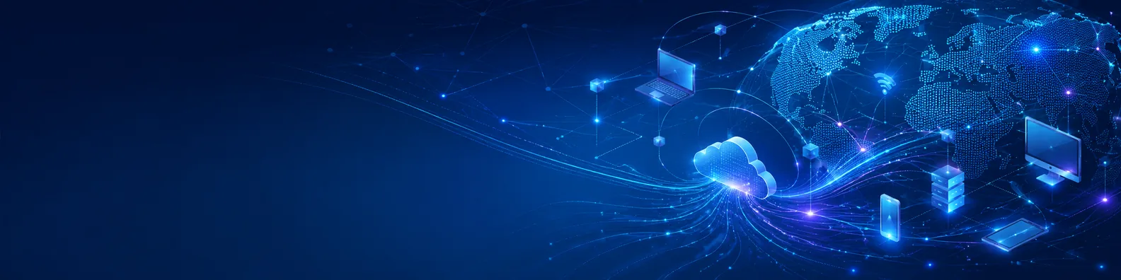 Digital connectivity LinkedIn background banner with global network lines, connected dots, abstract device nodes, cloud paths, and glowing blue data flow