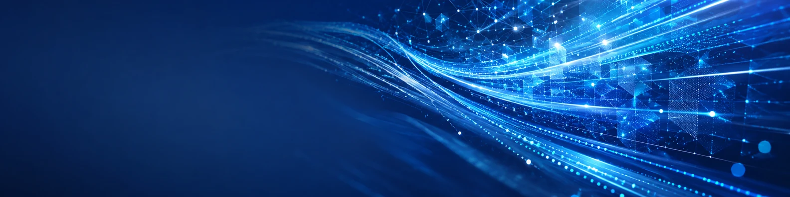 Digital data flow LinkedIn background banner with glowing streams of data, connected nodes, abstract motion lines, and layered digital particles