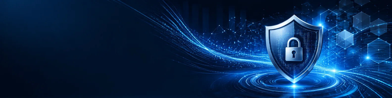 Digital data protection LinkedIn background banner with shield lock concept, abstract data streams, glowing network nodes, and dark blue cybersecurity colors