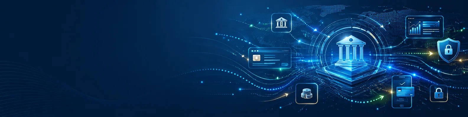 Digital finance technology LinkedIn background banner with abstract financial data lines, secure transaction flows, payment pathways, and glowing network nodes