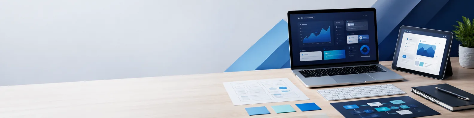 Digital product workspace LinkedIn background banner with laptop, tablet, abstract app interface screens, notebook, pen, keyboard, and planning materials