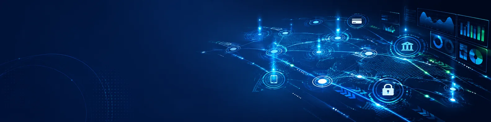 Digital transaction network LinkedIn background banner with payment routes, fintech data lines, dashboard-style shapes, glowing network nodes, and connection paths