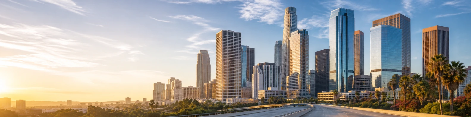 Downtown Los Angeles cityscape with modern high-rise buildings and soft sunlight LinkedIn background banner
