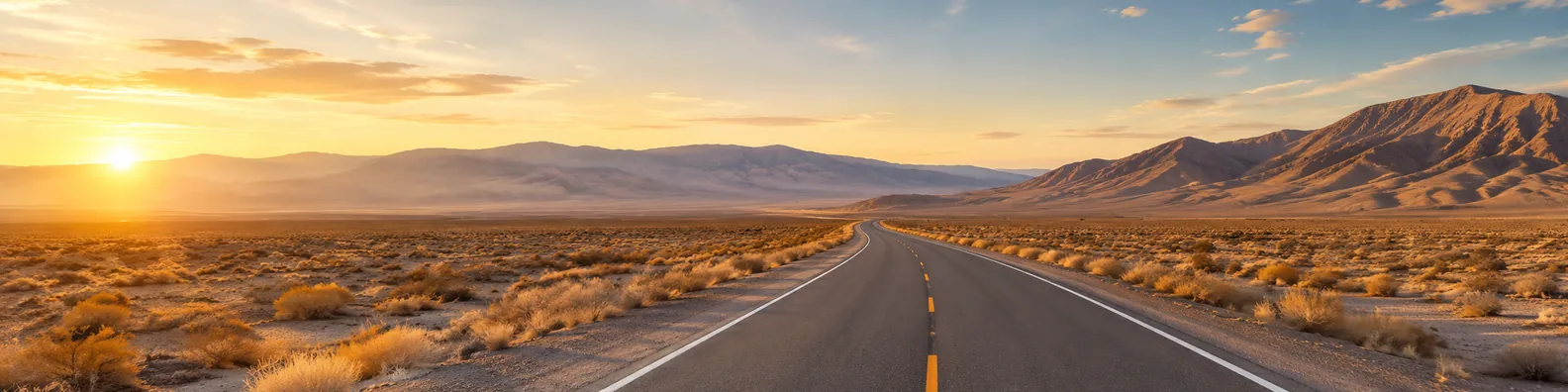 Dry desert road LinkedIn background banner with empty highway, desert scrub, distant mountains, warm sunlight, and open sky