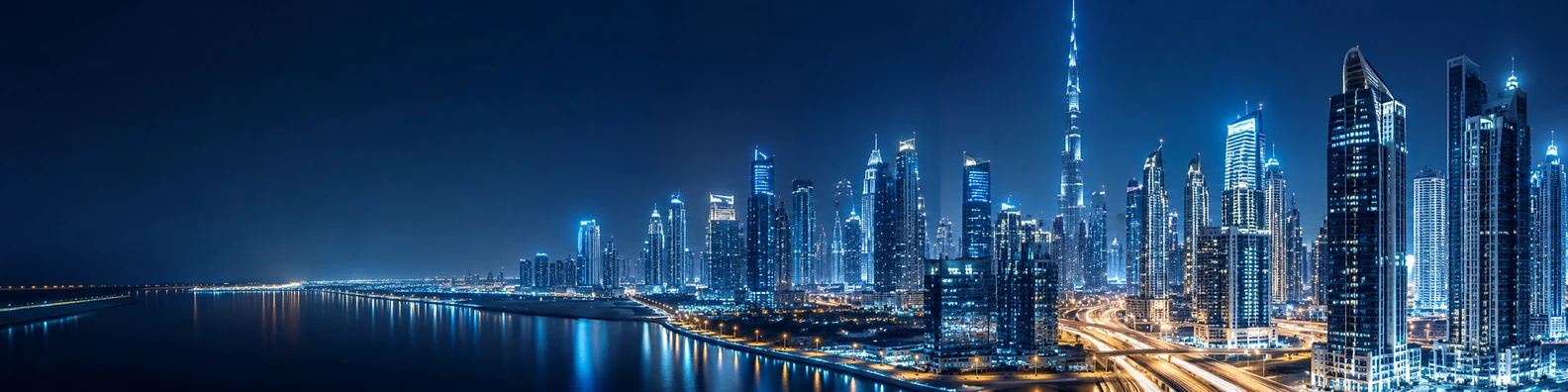 Dubai skyline at night with modern skyscrapers, glowing lights, and waterfront reflections LinkedIn banner