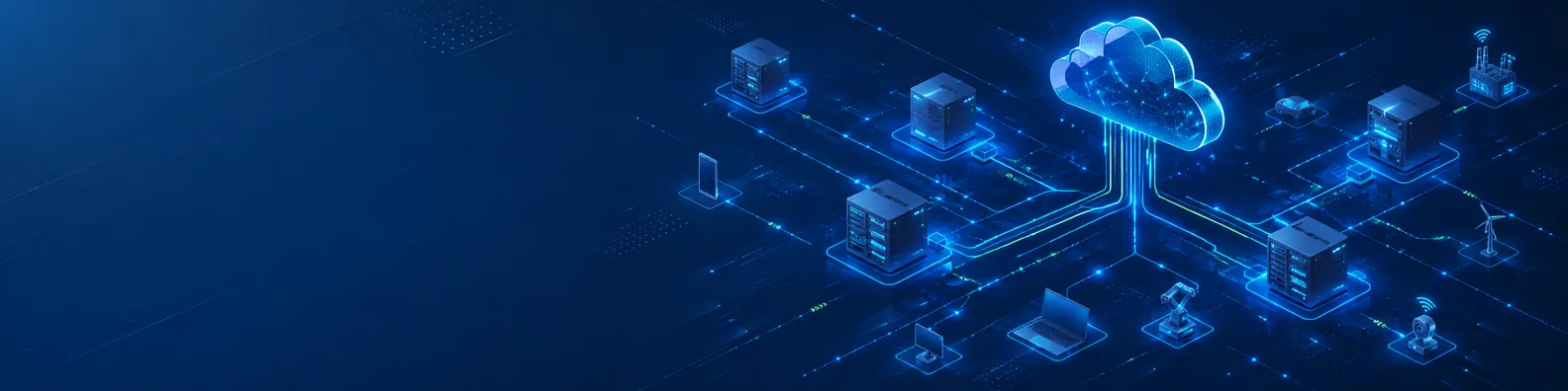 Edge computing technology LinkedIn background banner with distributed network nodes, cloud-to-device connections, local server blocks, and clean blue data flow lines