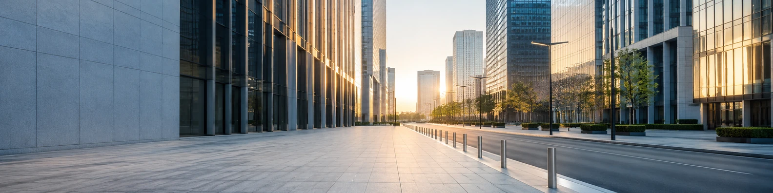 Empty business district street with office buildings and soft morning light LinkedIn background banner