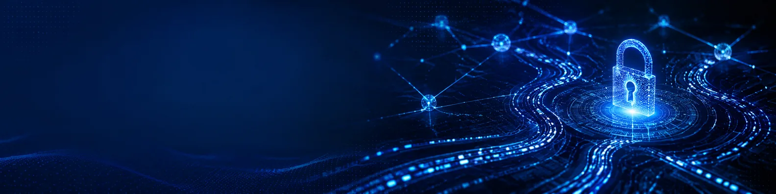 Encrypted data network LinkedIn background banner with secure digital pathways, connected nodes, glowing lock, and dark blue encrypted data streams