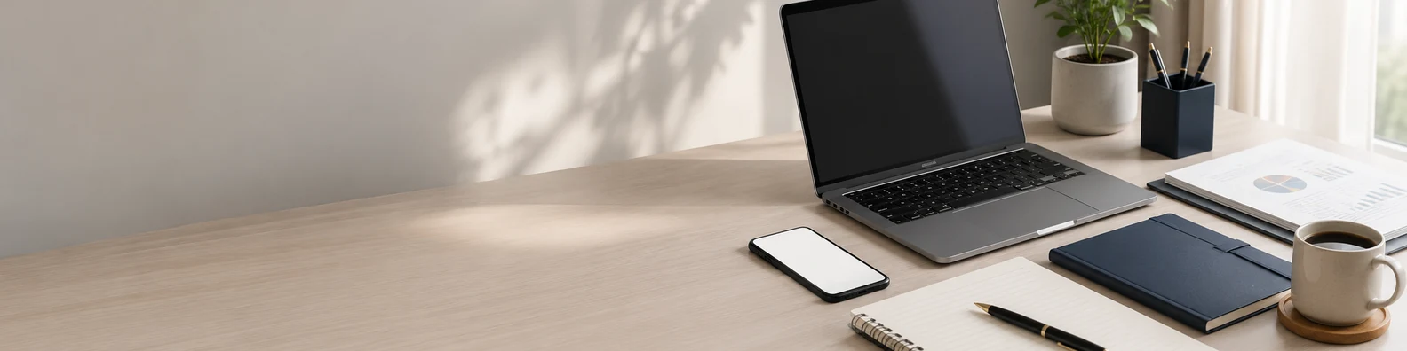 Entrepreneur Desk Setup professional business LinkedIn background banner with clean corporate styling
