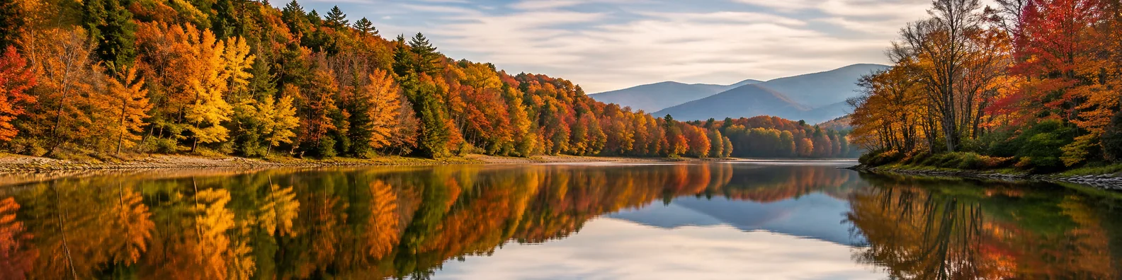 Fall forest lake reflection LinkedIn background banner with calm water, colorful autumn trees, soft sky, and mirrored scenery