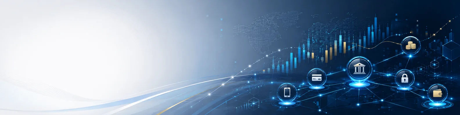 Fintech digital LinkedIn background banner with abstract financial charts, connected payment nodes, secure transaction lines, and blockchain-inspired elements