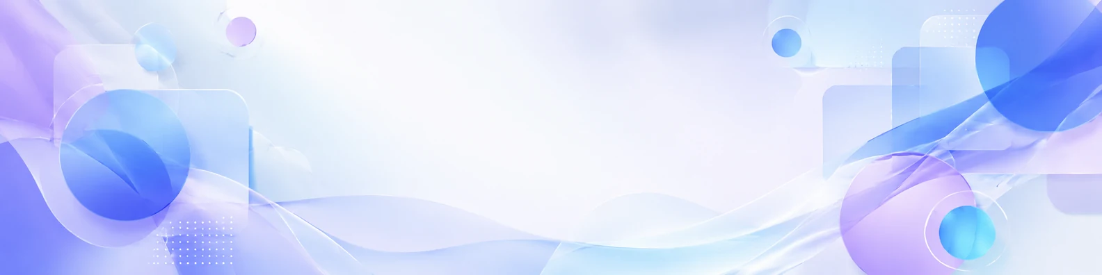 Floating transparent abstract forms LinkedIn background banner with blue white lavender cyan circles rounded rectangles and soft glass shapes