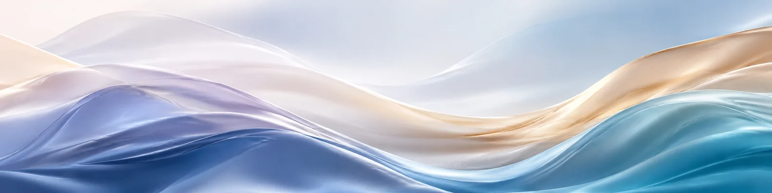 Flowing silk abstract LinkedIn background banner with blue lavender white champagne teal waves and soft premium highlights