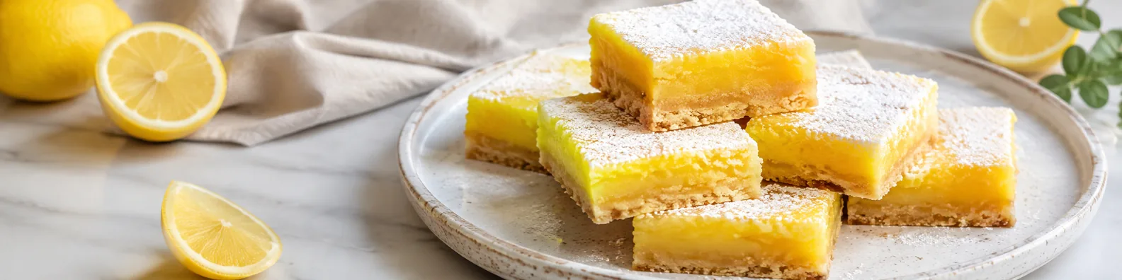 Fresh lemon dessert bars on a plate with bright kitchen styling LinkedIn background banner